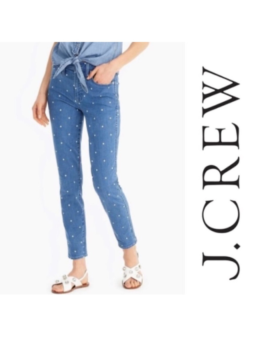 J. Crew Medium Blue Straight-Leg Jeans with polka dots